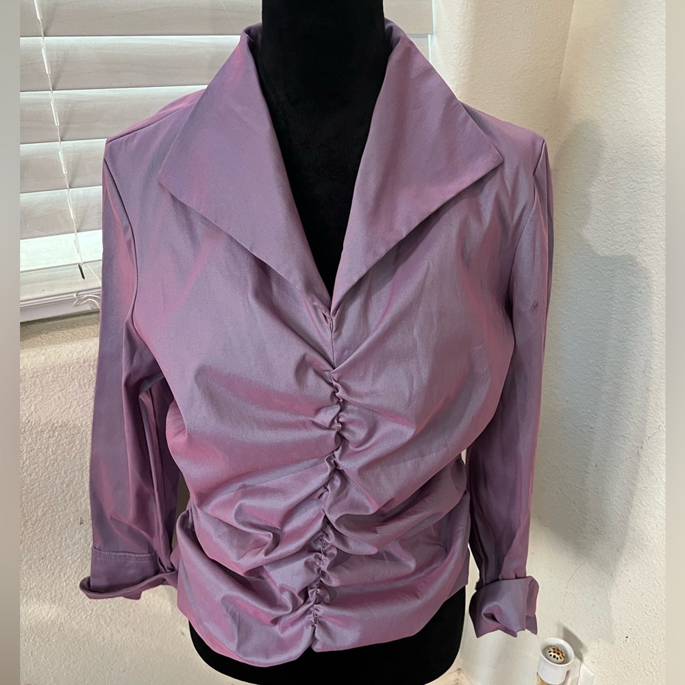 Iridescent Purple Ruched Blouse V Neck‎ Shirt Top